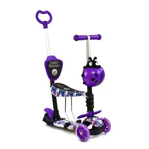 Уценка. Детский самокат 5 в 1 "Best Scooter", цветочки, подсветка платформы (фиолетовый) - треснут корпус спереди( на работу не влияет)