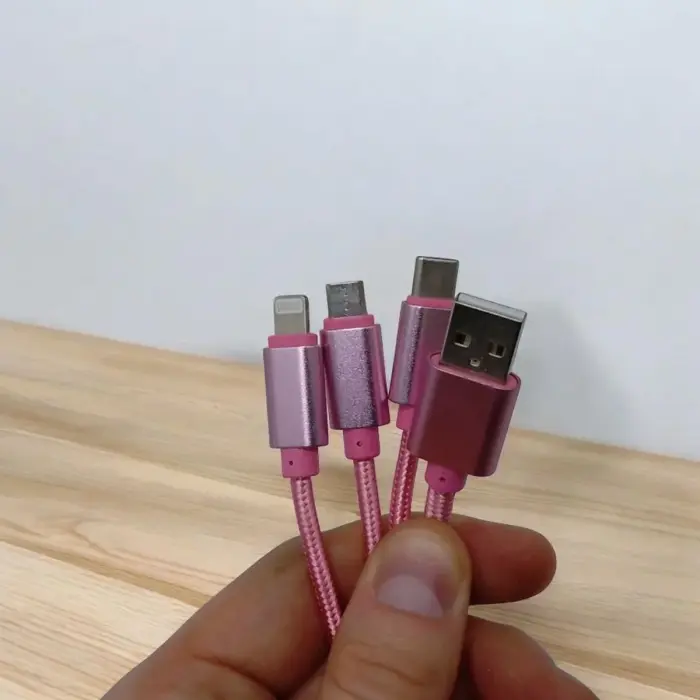 Кабель тканинний 3 в 1, MicroUSB, Type-C та Lightning (рожевий)