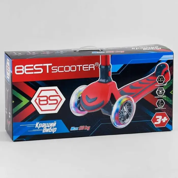 Самокат трехколесный Y-00325 (4) Best Scooter, КРАСНЫЙ, складной алюминиевый руль, 4 колеса PU со светом, d=12 см