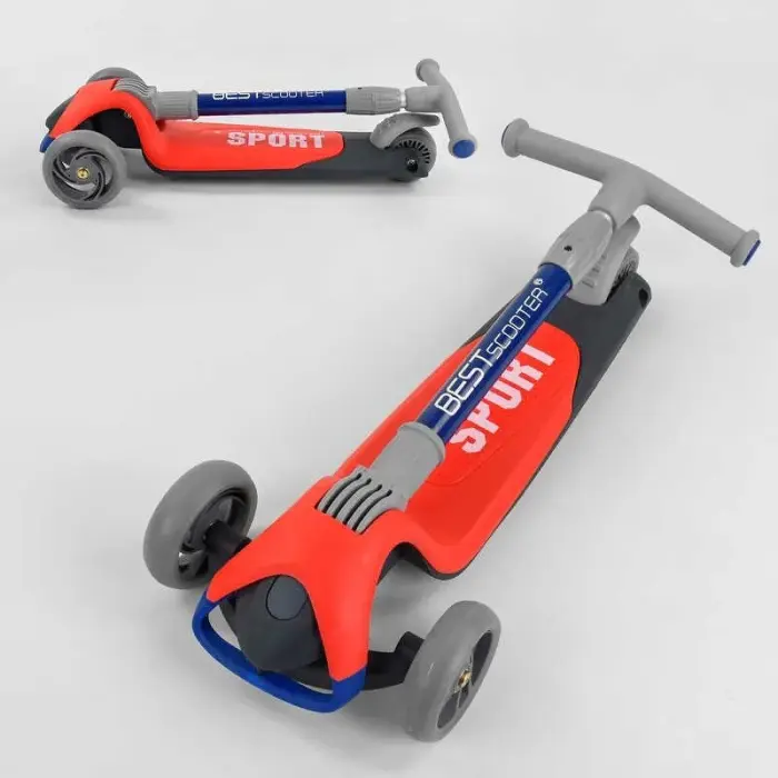 Самокат трехколесный F-44077 (6) Best Scooter, КРАСНЫЙ, складной алюминиевый руль, 3 колеса PU со светом, d=120*35мм