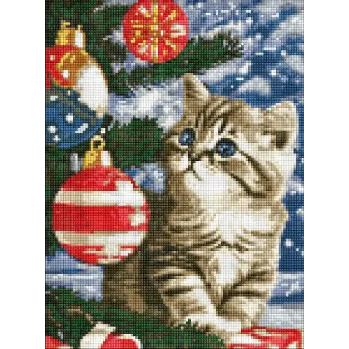 Алмазная мозаика - "Котенок под елкой" с голограммными стразами (AB) ©art_selena_ua, 30х40см