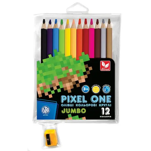 Карандаши цветные круглые Джамбо Pixel One 12 цветов + чинка