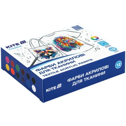 Краски акриловые для ткани, 12 цветов, 20 мл, Kite Creative