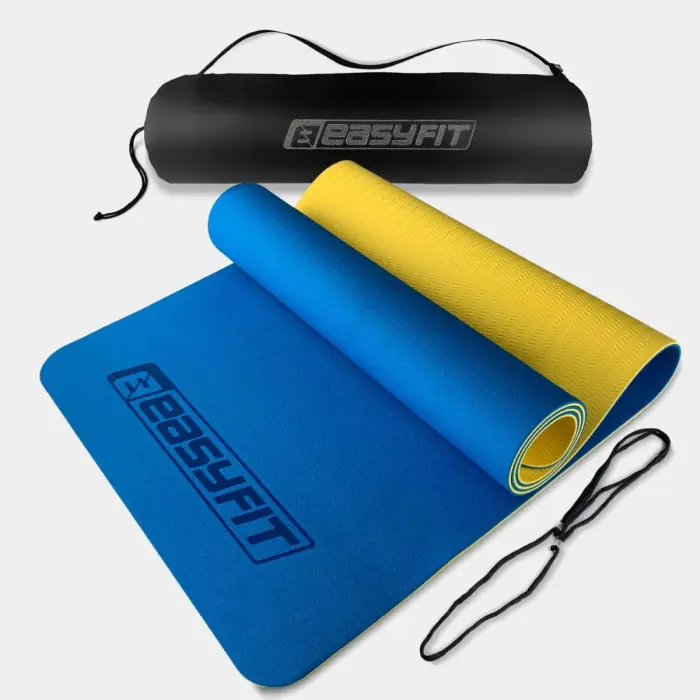 Коврик для йоги и фитнеса EasyFit TPE+TC 6 мм двухслойный + Чехол синий-желтый