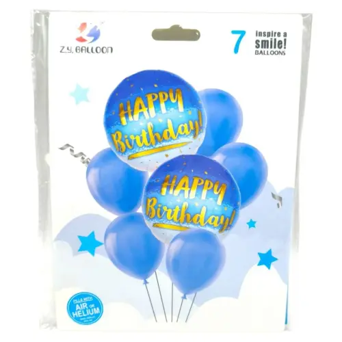 Воздушные шарики, набор-праздничный "Happy birthday" 7шт. = 2шт*45см + 5шт*30см, голубой