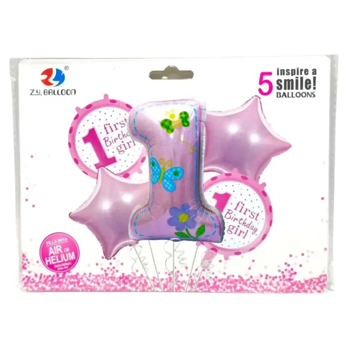 Шары фольгированные набор "First birthday-Girl" 5шт.=1шт*80см+4шт*45см