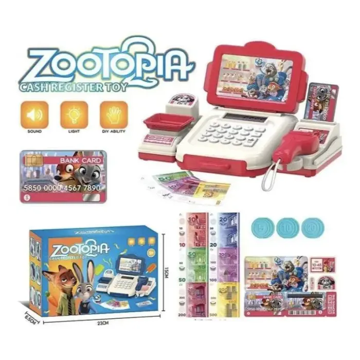 Кассовый аппарат калькулятор "Зоотрополис / Zootopia", сканер имеет красную подсветку, монеты, купюры, банковская карта (розовый)