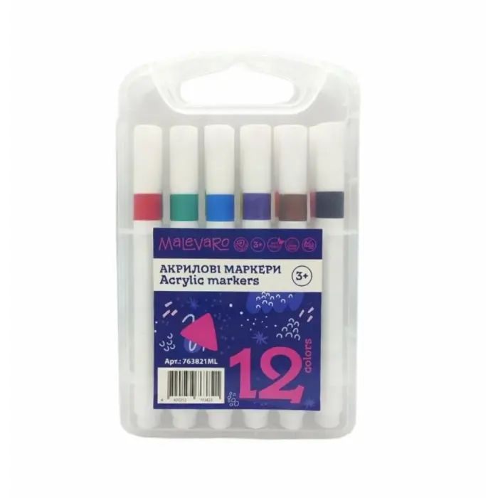Маркери 12 кольорів, акриловий, тригранний