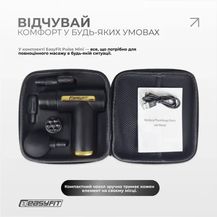 Перкуссионный массажер для тела Easyfit Pulse Mini 4 насадки, 6 режимов
